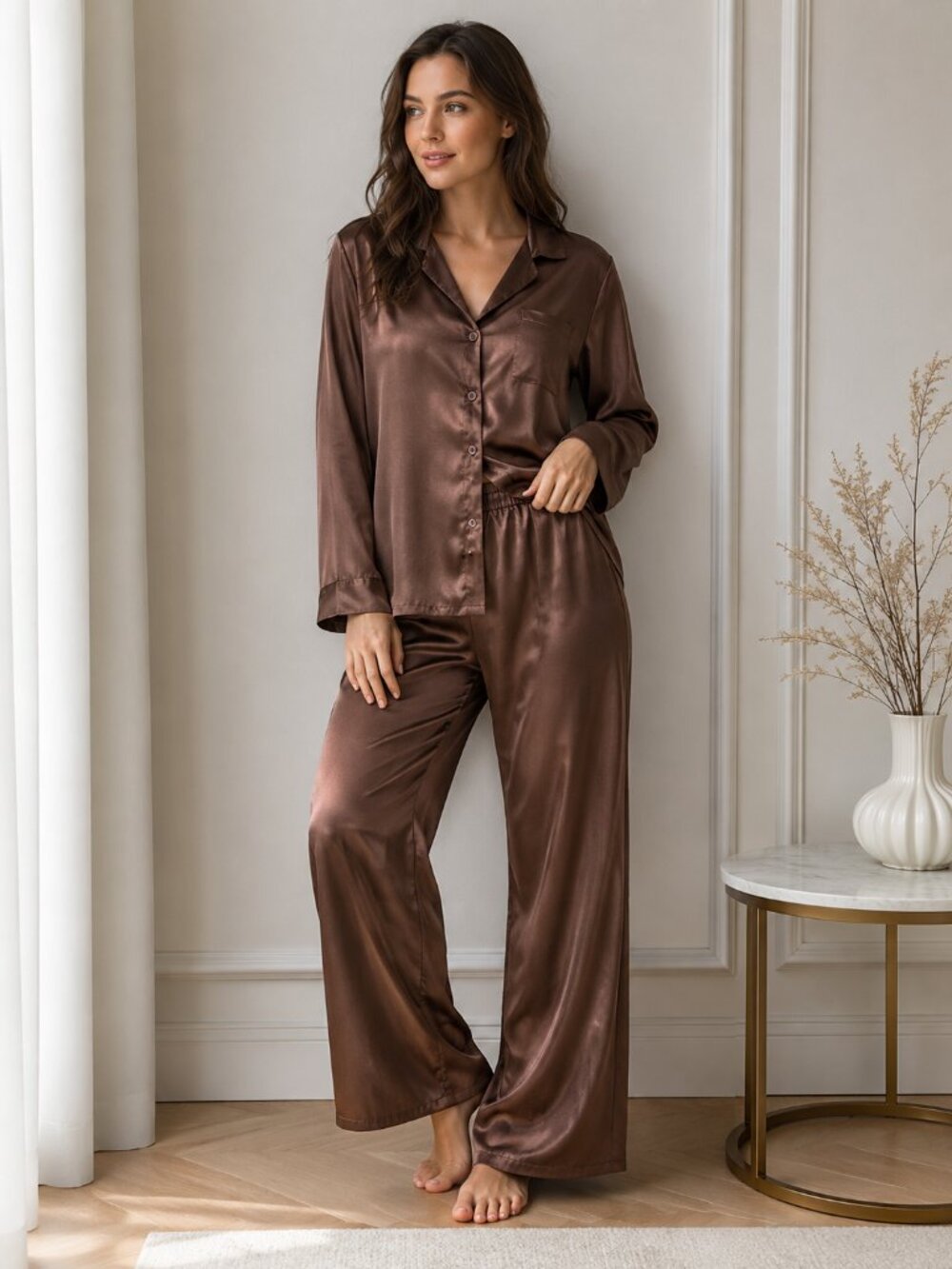 Luxury Brown Satin Pajama Set Women's Silky Button Up Sleepwear Lounge Set 2 Pie